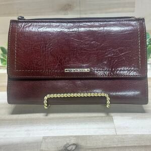 Fossil Genuine Leather Wallet Clutch Organizer Burgundy Brown Trifold Zip‎ EUC